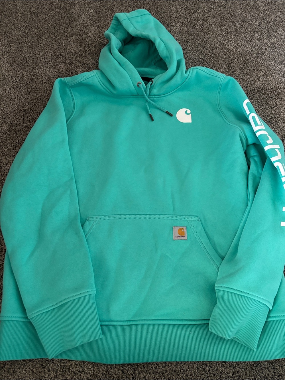 Carhartt Teal Green Pullover Hoodie with Sleeve Script - Picture 4 of 6